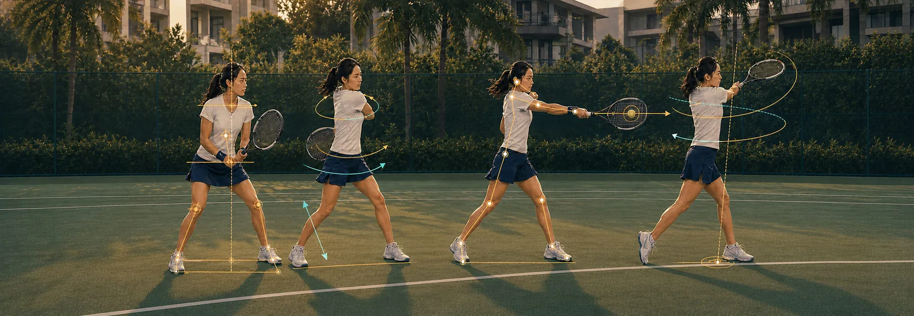 Four phases of a forehand — ready position, backswing, contact and follow-through — traced with the biomechanics overlay Pure Sport uses to read a player's movement